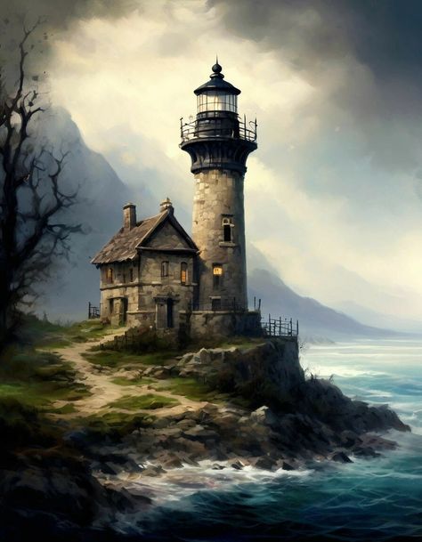 Lighthouse Fantasy Art, Lighthouse Concept Art, Pirate Lighthouse, Fantasy Lighthouse, Lighthouse Aesthetic, Lighthouse Images, Mountain Painting Acrylic, Lighthouse Landscape, Birdhouse In Your Soul