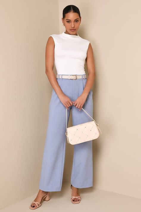 Light Blue Pants Outfit Work, Blue Pants Outfit Work, Light Blue Pants Outfit, Tailored Pants Outfit, Light Blue Trousers, Blue Pants Outfit, Pants Outfit Work, Light Blue Pants, Chic Pants