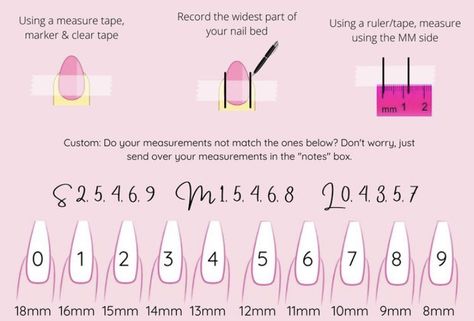 Coffin Shape Press On Nails, Nail Sizing Guide, Press On Nails Instagram Feed, Press On Sizing Chart, Aesthetically Nails, Nail Instructions, Nail Package, Matte Nails Glitter, Nail Tech School