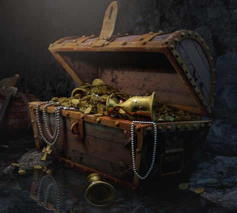 Open Treasure Chest with Gold and Jewelry – Dark Background Pirate Treasure Aesthetic, Treasure Chest Aesthetic, Treasure Chest Illustration, Treasure Chest Tattoo, Open Treasure Chest, Sunken Treasure Chest, Oak Island Treasure Found, Pirate Snacks, Pirates Treasure Chest