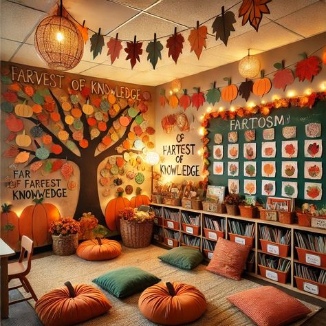 Teacher Fall Classroom Decor, Fall In The Classroom, Thanksgiving Playroom Decor, Fall Themed School Hallway, Teacher Decorations Classroom Setup, Classroom Fall Decor Ideas, In Home Classroom Set Up, Daycare Fall Decorations, Pumpkin Patch Wall Classroom