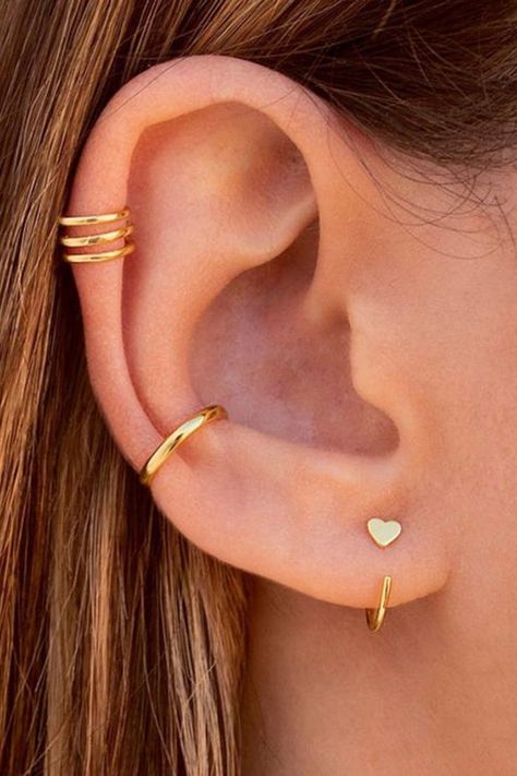 3 Pcs Heart Layered Ear Cuff Set Rose Gold Ear Cuff, Gold Cartilage Earrings, Minimalist Ear Cuff, Architect Drawing, Embellished Fashion, Ear Party, Heart Decor, Gold Ear Cuff, Ear Cuff Earings