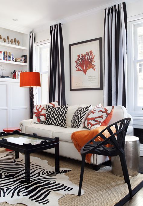 Family Room Black White Orange Living Room, Black White And Orange Living Room, Glam Living Room Decor, Luxe Living Room, Colourful Living Room Decor, Glam Living Room, Living Room Orange, Colourful Living Room, Living Room Spaces