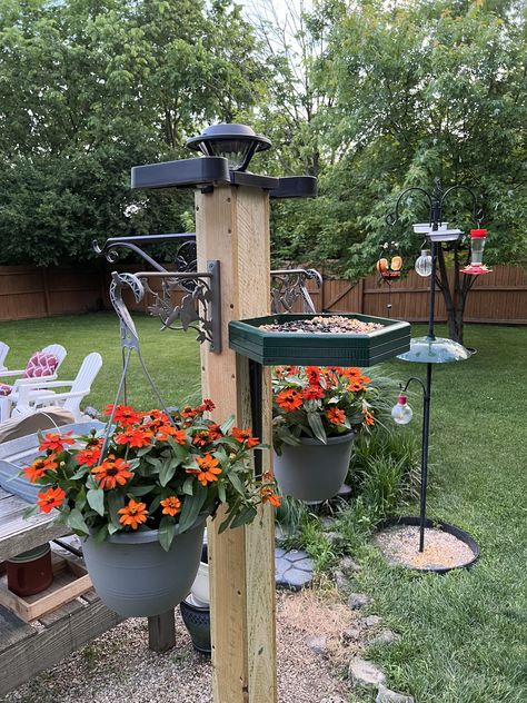 Bird Feeder Stands Diy Ideas, Diy Standing Bird Feeder, Bird Feeding Station Ideas Gardens, Bird Feeding Station Ideas Diy, Multi Bird Feeder Station, 4x4 Bird Feeder Post Ideas, Bird Feeder Station Ideas, 4x4 Bird Feeder Post, Post Mounted Bird Feeder