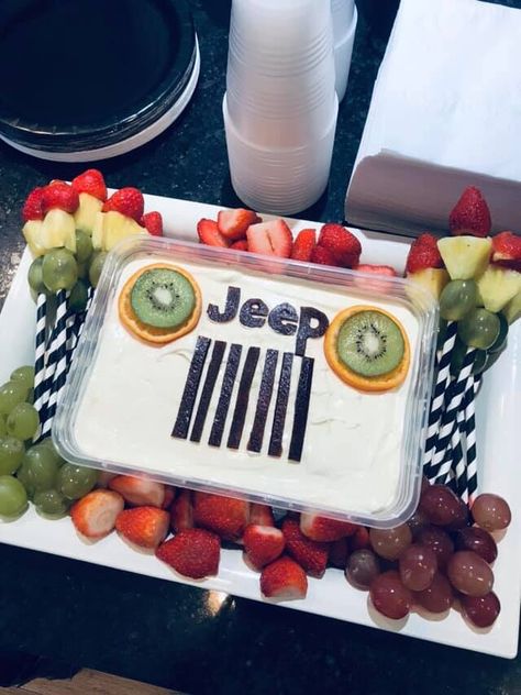 Fruit tray for Jeep themed baby shower                      0|||||||0 Jeep Birthday, Jeep Cake, Snake Birthday, Jeep Baby, Diy Birthday Banner, 2nd Birthday Party Themes, Sweet 16 Parties, Fruit Tray, Baby Shower Food