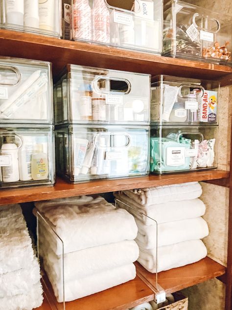 Clever Linen Storage Ideas, Towel Organization Small Closet, Linen And Toiletry Closet Organization, Storage For Towels And Bedding, Toiletries Closet Organization, Bath Supply Storage, Linen Shelf Organization, Linen And Medicine Closet Organization, Linen Closet Shelf Spacing