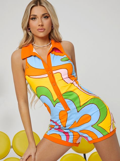 70s Romper Outfit, 70s Party Outfit, Vacay Fits, 70's Party, Funky Prints, Love On Tour Outfits, Trendy Romper, Colorful Romper, Fun Outfits