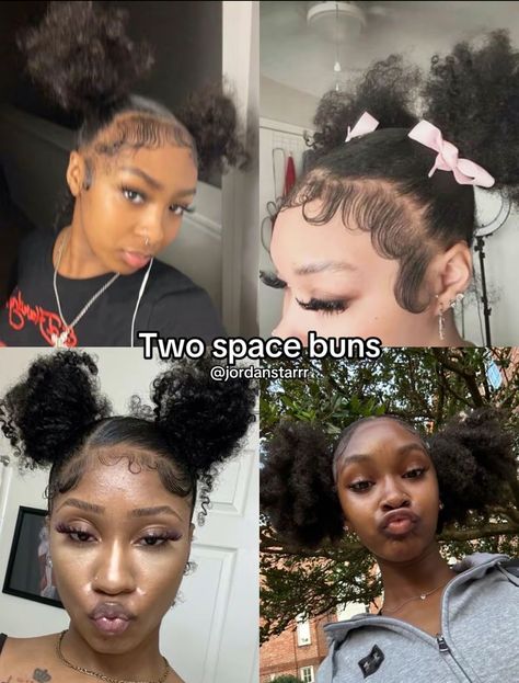 Buns Black Women, Space Buns Black Women, Two Curly Buns, 2 Space Buns, Curly Buns, Curly Bun, Space Buns, Buns, Natural Hair Styles