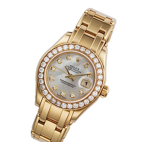 Rolex Pearlmaster 18k Gold with Mother of Pearl Diamond Dial Watch #rolex Rolex Pearlmaster, Movado Womens Watch, Hand Watches, Tory Burch Watch, Pretty Watches, Rolex Women, Watch Women's, Luxurious Jewelry, Silver Watches Women