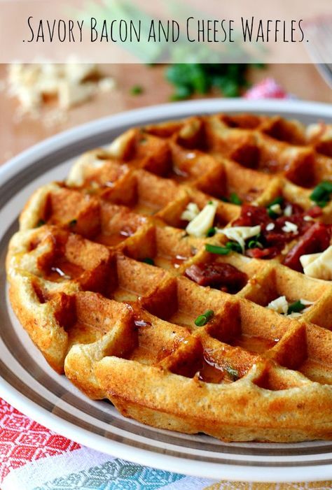 Savory Bacon and Cheese Waffles- sweet waffle batter with savory bacon and cheese is truly a match made in breakfast heaven! Myfitnesspal Recipes, Waffle Batter, Savory Bacon, Bacon Waffles, Waffle Iron Recipes, Cheese Waffles, Waffle Maker Recipes, Savory Waffles, Gf Breakfast