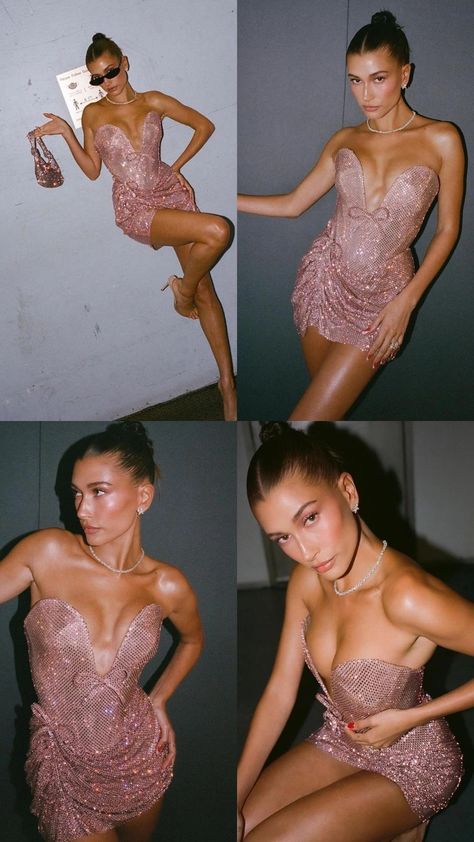 Hailey Birthday Outfit, Hailey Bieber Sparkly Dress, Hailey Bieber Pink Dress, Hailey Bieber Birthday Outfit, High Fashion Mood Board, Celebrity Birthday Outfits, Hailey Bieber Dress, Short Bride Dresses, Pink Glitter Dress