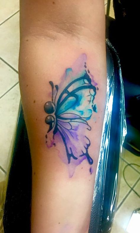 Watercolor semi colon butterfly by Shawn Elliott at Ikonic Ink Colon Tattoos, Butterfly Semicolon, Watercolor Dragonfly Tattoo, Watercolor Butterfly Tattoo, Colon Tattoo, Butterfly Tattoos Images, Butterfly Tattoo Meaning, Tattoo Red, Semi Colon