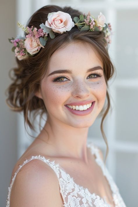 Wedding Flower Crowns, Romantic Theme Wedding, Sunflower Wedding Bouquet, Wedding Hair Up, Enchanting Wedding, Bride Dress Simple, Flower Crown Hairstyle, Wedding Bouquets Pink, Floral Crowns