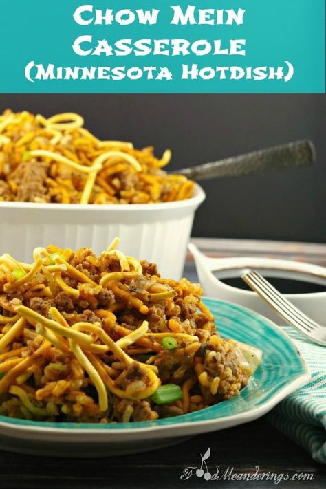 Chow Mein Casserole, also known as Minnesota Hotdish, is classic midwestern casserole comfort! This ground beef and rice casserole with creamy soup and a crunchy chow mein noodle topping is super easy to throw together or can be made ahead and frozen! #casserole #groundbeef #rice #creamsoup #hamburger #chowmein #chowmeinnoodles #hotdish #minnesota #midwest #midwestern Chow Mein Hot Dish, Frozen Casserole, Chow Mein Casserole, Minnesota Hot Dish, Ground Beef And Rice Casserole, Beef And Rice Casserole, Ground Beef And Rice, Beef Casseroles, Pan Dishes