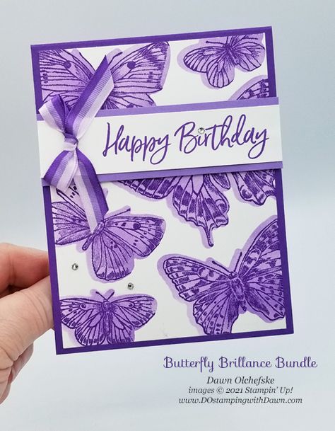 Stampin’ Up! Butterfly Brilliance Bundle card by Dawn Olchefske for DOstamperSTARS-#DOswts359 #dostamping #HowdSheDOthat #papercrafting-P Wings Card, Butterfly Brilliance, Butterfly Inspiration, Butterfly Birthday Cards, Bouquet Tutorial, Birthday Stamps, Butterfly Images, Butterfly Birthday, Birthday Cards For Her