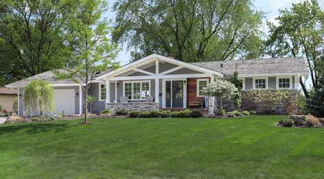 Edina Rambler Remodel - TreHus Architects Low Pitch Roof Porch Addition, Low Pitch Roof House Exterior, Rambler Exterior, Home Exterior Remodel, Rambler Remodel, Rambler House, Front Porch Remodel, Ranch Makeover, Ranch House Remodel