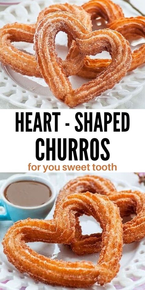 Heart Shaped Churros, Easy Churros, Easy Churros Recipe, Heart Desserts, Homemade Churros, Valentines Recipes Desserts, Strawberry Sugar, Churros Recipe, Homemade Muffins