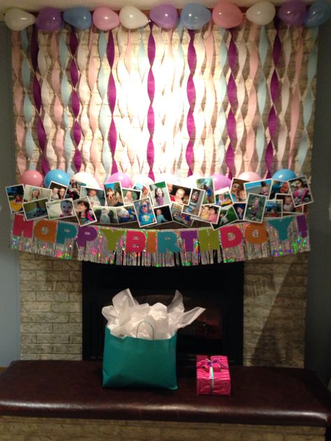 Birthday Mantel Decor, Birthday Mantle Decorations, Fireplace Birthday Decor, Birthday Mantle Decor, Birthday Picture Banner, Birthday Photo Displays, 12th Birthday Party Ideas, Bday Themes, Diy Photo Display