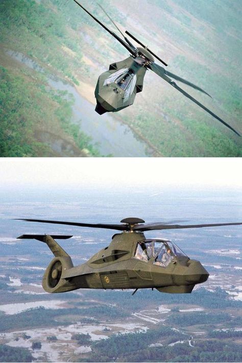 The Boeing/Sikorsky RAH-66 Comanche was an advanced U.S. Army military helicopter intended for the armed reconnaissance role, incorporating stealth technologies. It was also intended to designate targets for the AH-64 Apache. The RAH-66 program was canceled in 2004 before it was fielded. Stealth Technology, Photo Avion, Helicopter Plane, Ah 64 Apache, Flying Vehicles, Military Hardware, Military Airplane, Air Fighter, Military Pictures