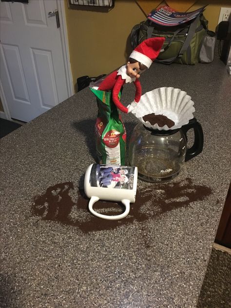 Elf on the shelf coffee mess! Elf On Shelf Coffee Ideas, Elf On The Shelf Coffee Shop, Elf On The Shelf Making Messes, Elf Coffee Ideas, Summer Elf On The Shelf, Elf On The Shelf Coffee Ideas, Elf On The Shelf Coffee, Shelf Coffee Bar, Elf Is Back Ideas