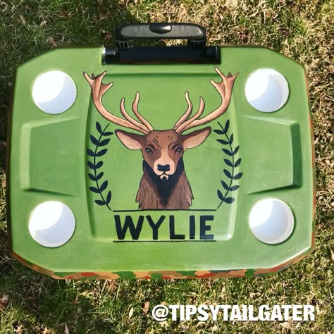 Painted cooler created by the Tipsy Tailgater. Custom coolers made to order. Hunting themed cooler Hand Painted Coolers, Fraternity Cooler, Formal Cooler Ideas, How To Paint Camo, Formal Cooler, Fraternity Coolers, Custom Cooler, Cooler Ideas, Frat Coolers