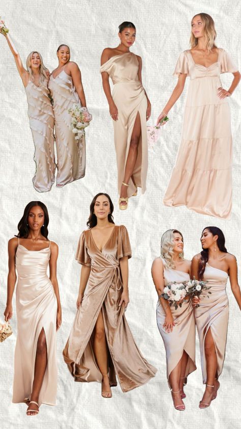 Stunning mix and match bridesmaid dresses in shades of champagne, perfect for creating a sophisticated and elegant bridal party ensemble Mix Match Bridesmaid Dresses, Mix And Match Bridesmaid Dresses, Bridesmaids Dress Inspiration, Bridesmaids And Groomsmen, Married Life, Classic Beauty, Bridesmaid Proposal, Mix Match, Bridal Style