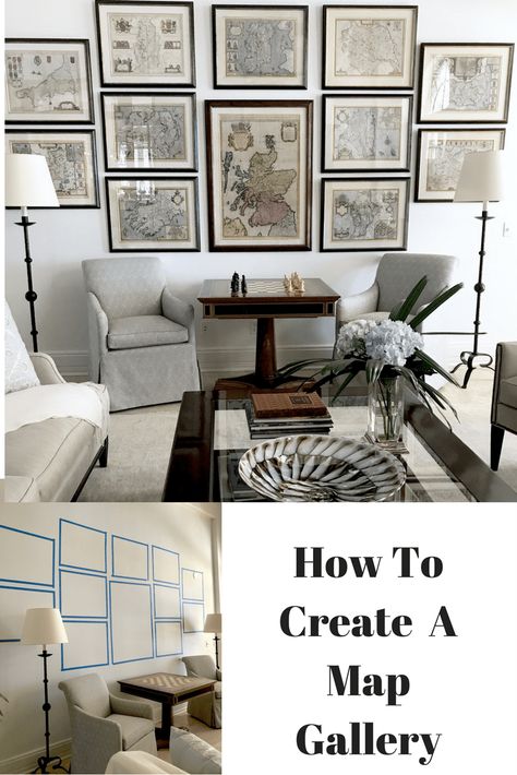 Map Gallery Wall, Home Office Layouts, Classic Home Decor, Neutral Living Room, Map Decor, Casual Home, Blue Living Room, Classic Casual, Living Room Makeover