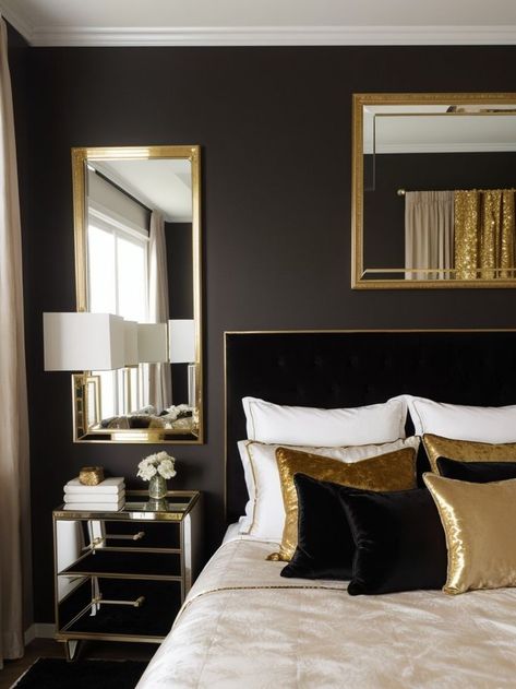 Black And Gold Headboard, Gold Headboard Bedroom, Black And Gold Accent Wall, Gold Headboard, Gold Accent Wall, Headboard Bedroom, Mirrored Vanity, Velvet Headboard, King Bedroom