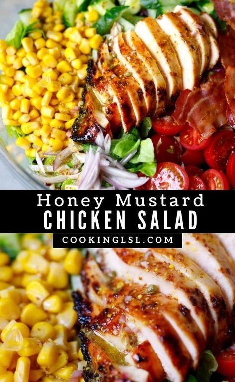 Honey Mustard Chicken Salad – made with honey mustard marinated chicken breast, mixed greens, cucumbers, tomatoes, corn, onions, bacon and honey mustard salad dressing. A sweet and savory combination for the win.