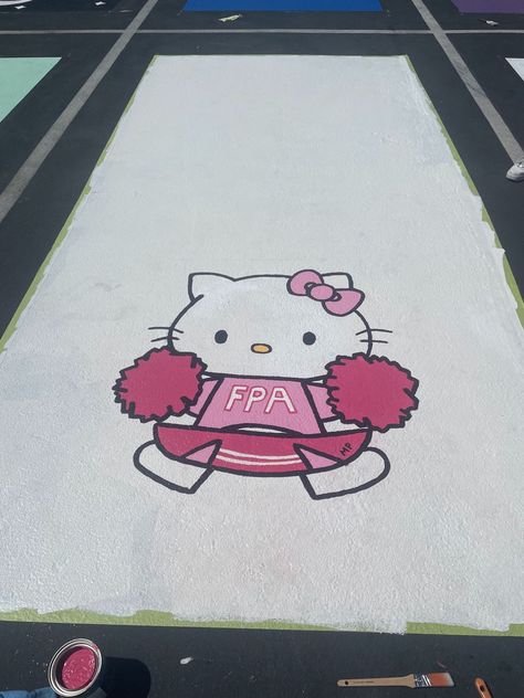 Hello kitty cheerleader parking spot painted Hello Kitty Parking Spot Painting, Hello Kitty Parking Spot, Hello Kitty Senior Parking Spot, Girly Parking Spot Painting, Pink Parking Spot, Pink Senior Parking Spots, Cute Parking Spot Painting Ideas, Hello Kitty Senior, Senior Parking Spaces Funny