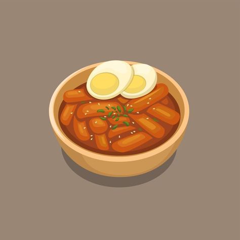 Tteokbokki or simmered rice cake is korean popular street food in bowl with egg topping cartoon illustration vector Korean Cookbook, Korean Rice Cake, Korean Rice, Cake Drawing, Food Cartoon, Korean Street Food, Cute Food Art, Food Drink Photography, Korean Street