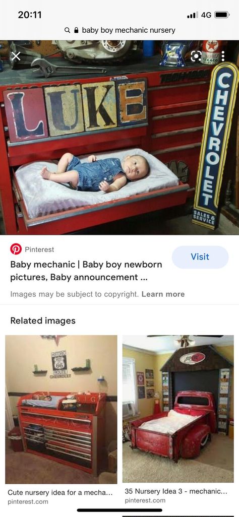 Mechanic Baby Nursery, Mechanic Nursery Theme, Vintage Truck Nursery, Baby Mechanic, Boy Nursery Cars, Baby Boy Newborn Pictures, Car Nursery, Room Boy, Boy Nursery Themes