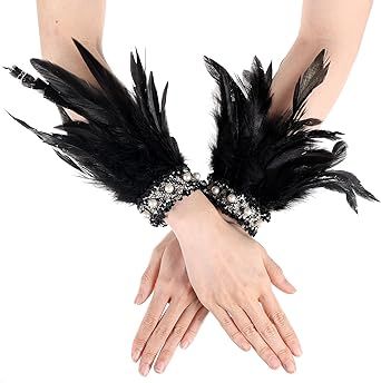 COMNICO Feather Wrist Cuffs for Women, 1Pair Gothic Floral Lace Wings Gloves Bracelets Wristband Feather Arm Sleeve Black Wrist Cuffs for Party Cosplay Halloween Swan Witch Costume Accessory Feather Wrist Cuffs, Black Feather Headpiece, Campfire Party, Lace Wings, Feather Cuffs, Raven Cosplay, Raven Feather, Gothic Floral, Mesh Gloves