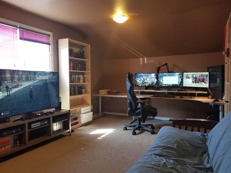 Temp Game room - Imgur Gamer Room Diy, Basement Games, Inside A House, Game Room Basement, Video Game Rooms, Playroom Design, Bedroom Setup, Dekorasi Kamar Tidur, Computer Room