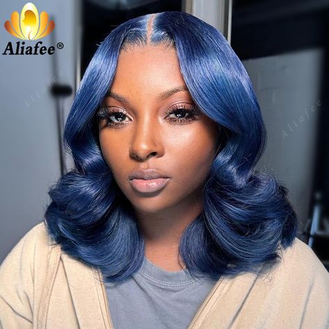 Dark Blue Short Body Wave Lace Front Wigs Human Hair 180% Full 13X4 PrePlucked With Baby Hair Blue Blue Bob, Dyed Hair Inspiration, Frontal Hairstyles, Pretty Hair Color, Lace Front Wigs Human Hair, Human Virgin Hair, Dope Hairstyles, Wigs Human Hair, Sleek Hairstyles