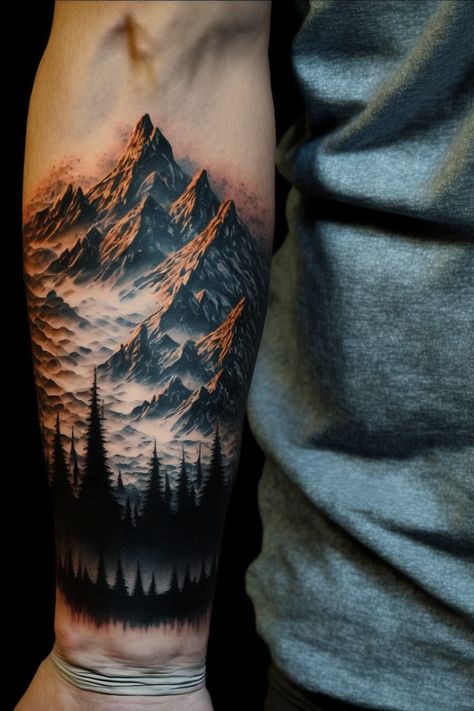 Tattoo With Trees And Mountains, Moutain Tattoos Men Forearm, Mountains Tattoo Men, Wolf Mountain Tattoo Design, Realistic Mountain Tattoo Design, Guy Tattoos Arm, Mountain Skyline Tattoo, Moutain Tattoos Men, Mountains Tattoo Sleeve