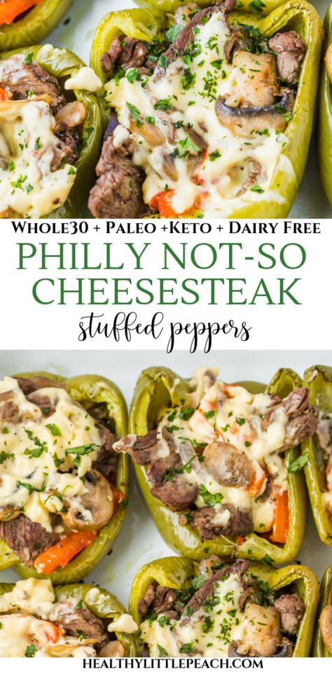 Philly Not-So Cheesesteak Stuffed Peppers |  Healthy Little Peach Steak Mushrooms, Cheesesteak Stuffed Peppers, Cheese Alternative, Stuffed Peppers Healthy, Wallpaper Food, Whole30 Chicken, Whole30 Dinners, Sliced Steak, Diner Recept