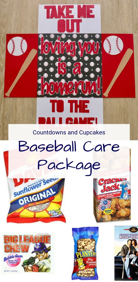 A baseball care package is the perfect way to send your loved one a little piece of home while they're overseas. Get ideas for your game in a box here! Baseball Care Package, Baseball Box For Boyfriend, Gift Baskets For Him Baseball, First Baseball Game Gift, End Of Baseball Season Gifts For Kids, Football Care Package, Baseball Cupcakes, Big League Chew, Baseball Helmet