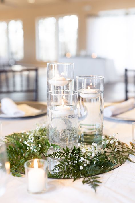 Floating Candles And Eucalyptus, Wedding Centerpiece Mirror Base, White Wedding Centerpieces Simple, Mirror Centerpiece Wedding, Mirror Centerpiece Ideas, Mirror Candle Centerpiece, Simple Candle Centerpieces, Fern Centerpiece, Cylinder Centerpieces