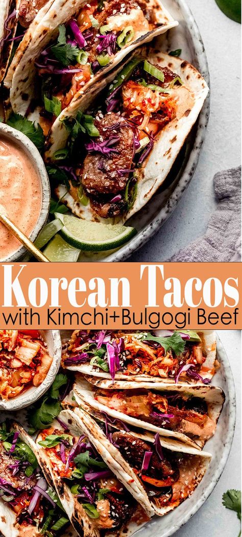 Gourmet Korean Food, Beef Bulgogi Dinner Ideas, Korean Taco Recipes, Food With Kimchi, Korean Burrito, Gourmet Tacos Recipes, Kalbi Tacos, Bulgogi Beef Recipe, Things To Eat With Kimchi