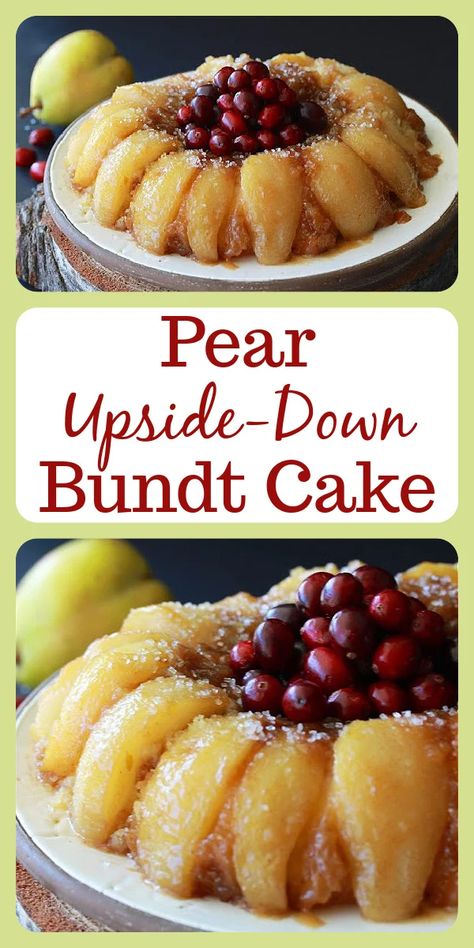 Our Pear Upside-Down Bundt Cake Recipe is a lovely way to celebrate the holidays this year! To make our Pear Up-side Down Cake even more stately, we garnished with fresh cranberries and a sprinkling of decorative sugar, adding the sparkling festive appearance. Bon Appetite! #upsidedowncake #pearcake #holidayrecipe #christmasrecipe #thanksgivingrecipe #pears #cranberries #holidaycake #christmascake #cakerecipe Upside Down Pear Cake Recipe, Pear Bundt Cake Recipe, Pear Upside Down Cake, Pear Dessert, Bundt Cake Recipe, Pear Cake, Homemade Snickers, Cupcake Images, Holiday Dishes