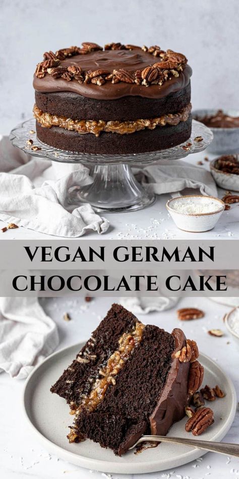 Vegan German chocolate cake - layers of moist, fluffy chocolate cake with a coconut, pecan caramel custard filling and rich chocolate ganache topping. This delicious cake is easy to make and perfect for birthdays and celebrations. Vegan German Chocolate Cake, Deserturi Raw Vegan, Chocolate Ganache Topping, Fluffy Chocolate Cake, Recipes Hamburger, Patisserie Vegan, Caramel Custard, Almond Shortbread, Choc Cake