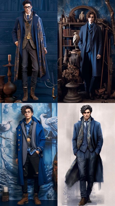 Hot Librarian Style Men, Harry Potter Outfits Men, Beauxbatons Uniform Male, Ravenclaw Outfit Men, Harry Potter Wizard Fashion, Ravenclaw Aesthetic Outfit, Lunar Punk, Harry Potter Ravenclaw Outfits, Harry Potter Inspired Outfits