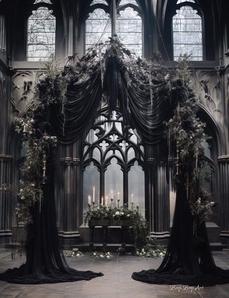 Gothic Wedding Locations, Goth Venue Wedding, Gothic Wedding Ideas Victorian, Black Aesthetic Wedding Theme, Gothic Castle Wedding, Gothic Cathedral Wedding, Goth Wedding Backdrop, Gothic Wedding Arch, Gothic Wedding Venues