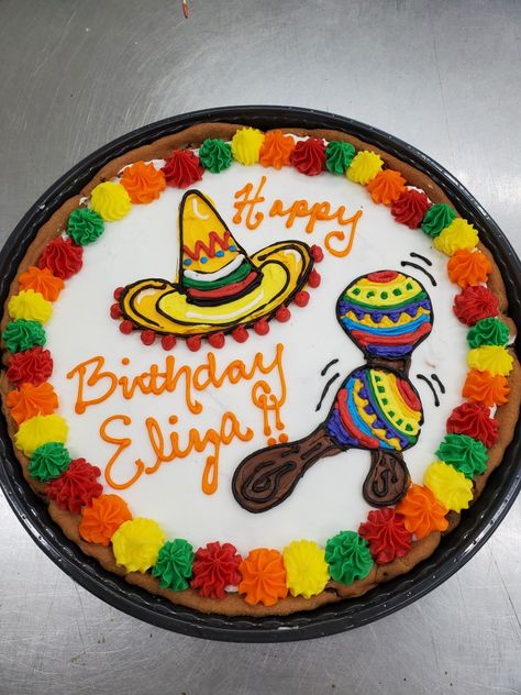 Fiesta Cookie Cake, Simple Mexican Theme Cake, Three Esta, Doodle Cake, Mexican Fiesta Birthday Party, Giant Cookies, Half Sheet Cake, Mexican Bridal Showers, Cookie Cake Decorations