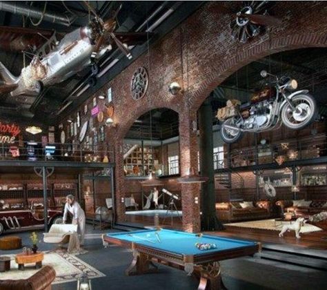 Bachelor Pad Living Room Ideas, Living Room Ideas For Men, Bachelor Pad Design, Billards Room, Bachelor Pad Living Room, Industrial Garage, Industrial Interior Style, Budget Interior Design, Loft Interiors