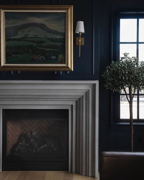 Steve Tiek | Tiek Design Group on Instagram: “Things don’t always go per plan, which makes it extra satisfying when it does. Also, what’s with the stormy start to America’s favorite…” Cast Stone Mantel, Cozy Farmhouse Bedroom, Stone Mantel, Navy Blue Design, Cottage Coastal, Navy Walls, Stone Mountain, Wood Fireplace, Fireplace Wall