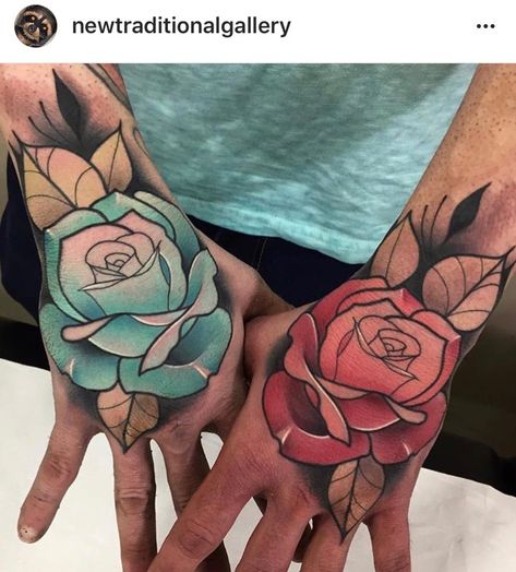 Neo Traditional Roses, Hand Tatts, Neo Tattoo, Rose Hand Tattoo, New School Tattoos, Traditional Rose, Rose Tattoos For Men, Flower References, Blue Rose Tattoos