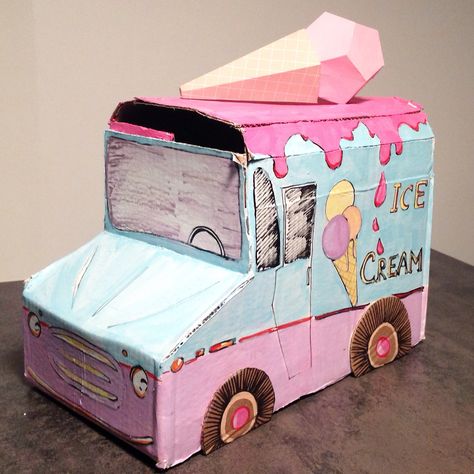 Cardboard ice cream truck for Cars themed birthday party Ice Cream Truck Valentines Boxes, Ice Cream Truck Cardboard, Diy Ice Cream Truck, Kindy 500, Cardboard Ice Cream, Cars Themed Birthday Party, Valentine's Boxes, Bus Crafts, Sensory Blocks