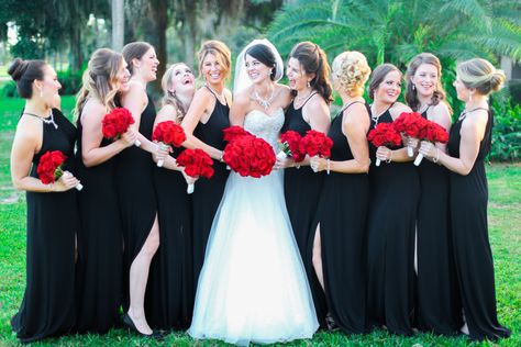 Red And Black Wedding Theme Romantic, Black And Red Wedding Party Attire, Black Bridesmaid Dresses With Red Roses, Black And Red Bridesmaid Dresses, Black And Red Wedding Ideas, Black Classic Wedding, Black And Red Wedding Theme, Pooh Wedding, Black White And Red Wedding